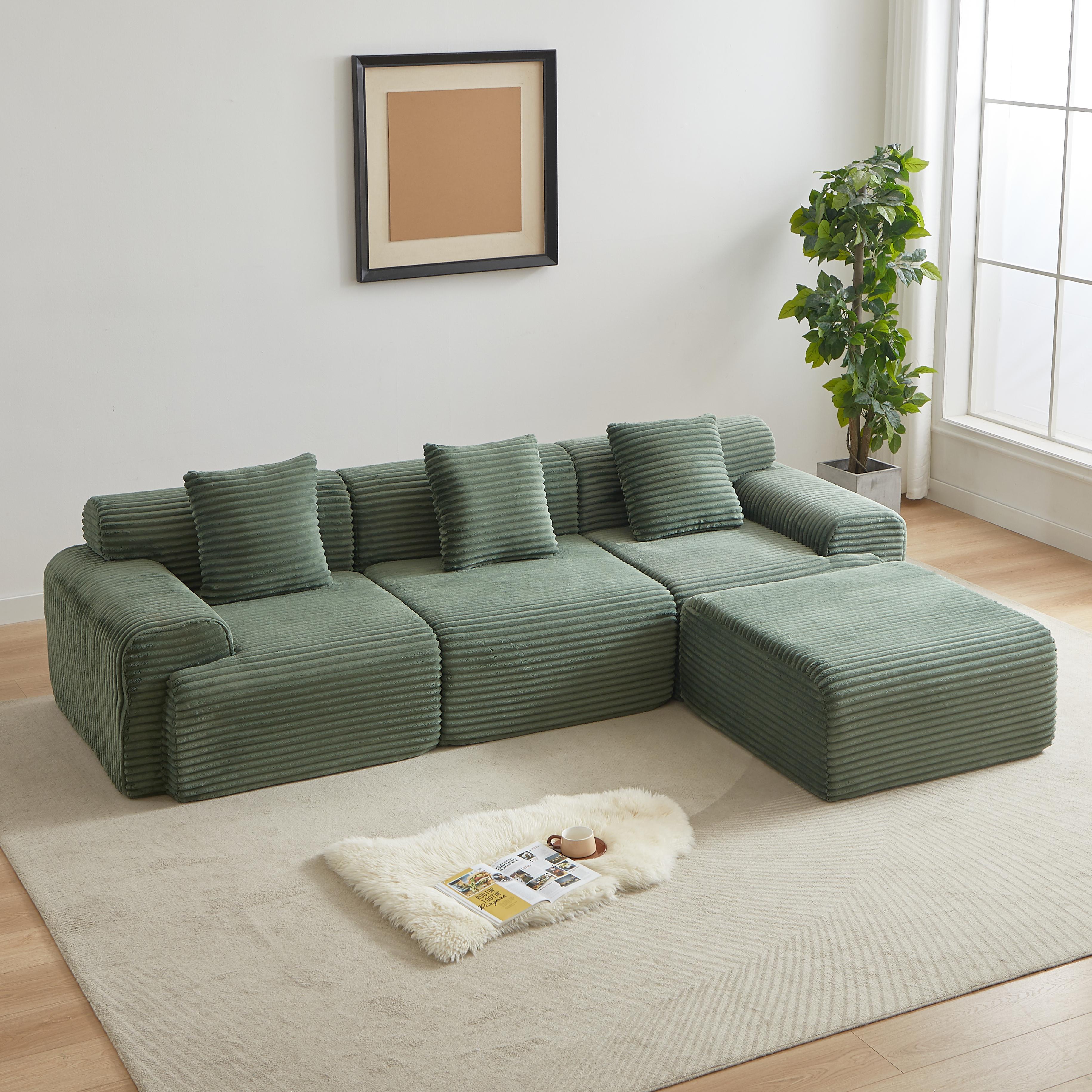 114 Inch Corduroy Modular Sectional Sofa Boneless Couch with Inlaid Structural Design, 4 Freely Configurable Modules, Extra Wide Backrest and 3 Throw Pillows, Modern Upholstered Cloud Sofa for Living Room and Apartment