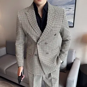 British Style Men's Houndstooth Check Suit, High-end Double-breasted 2-Piece Formal Suit Set