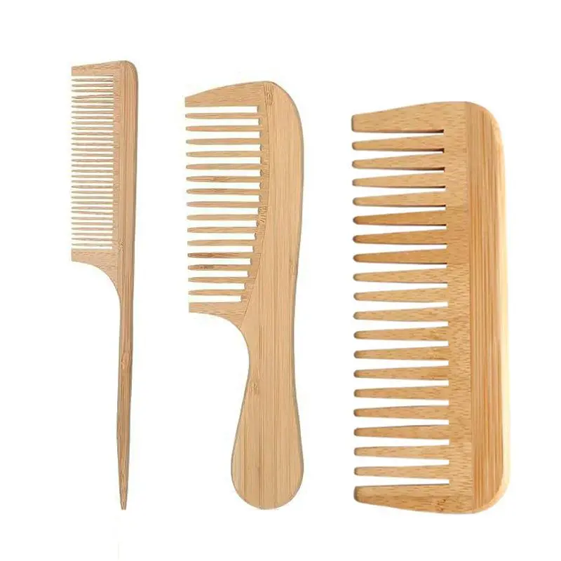 Bamboo Combs Set, 3 Counts Natural Wooden Hair Comb for Women, Anti-static Wide Tooth Comb, Rat Tail Comb for Detangling Hair Styling Comb Type