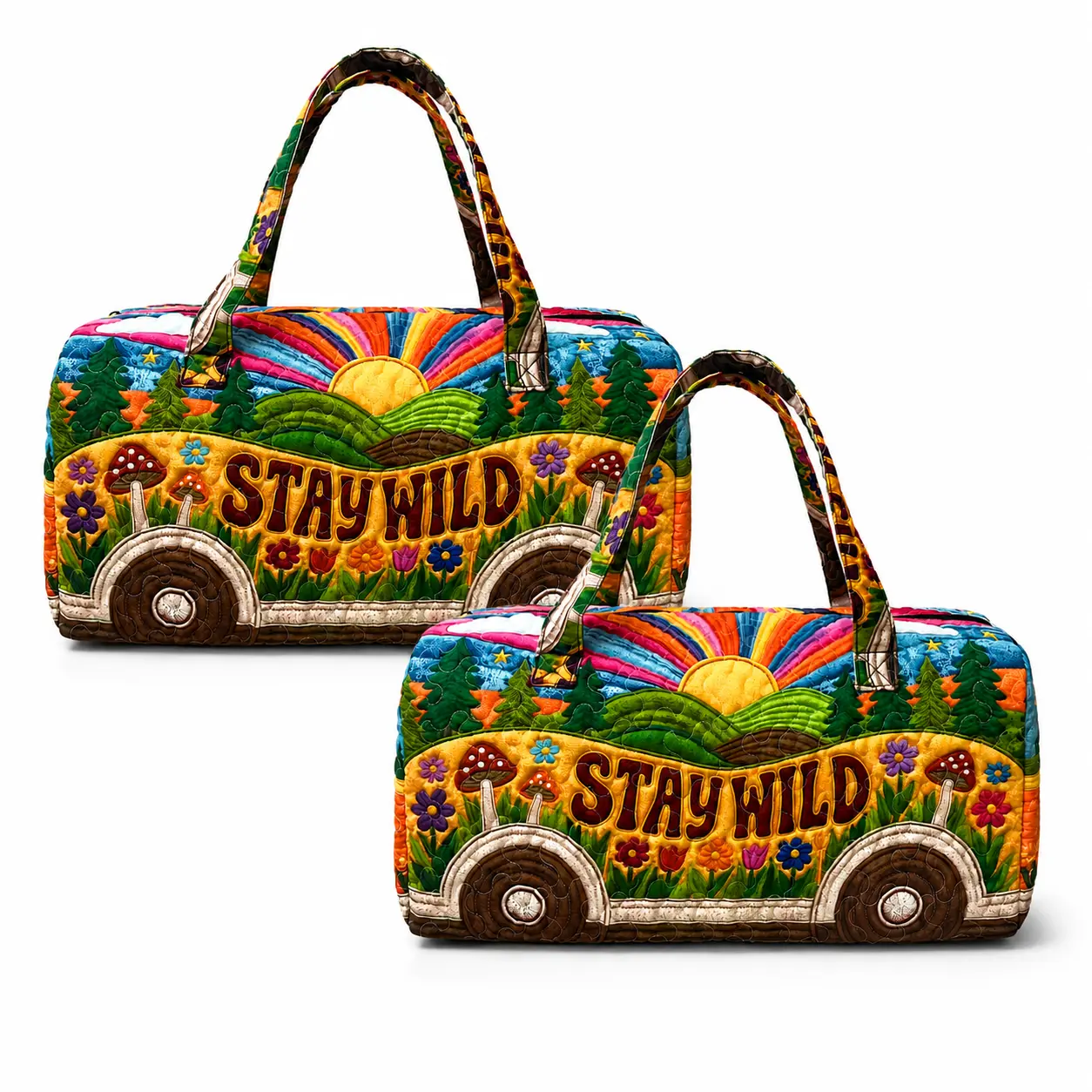 Women's Boho Hippie Travel Duffle Bag - Retro Pattern Camper Theme Quilted Fabric Weekend Size Weekender Tote for Traveling, Outdoor