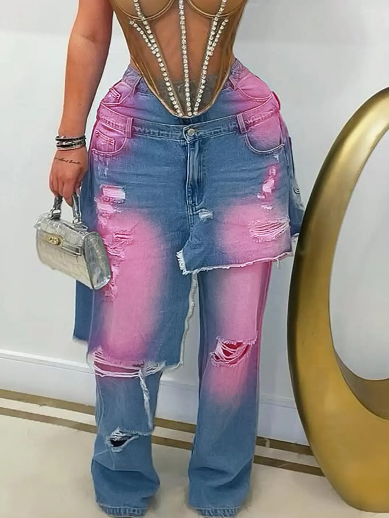 New Summer Autumn Gradient Spray Color Fake Two-Piece High Waist Ripped Frayed Edge Wide Leg American Streetwear Casual Style Long Pants, Womenswear