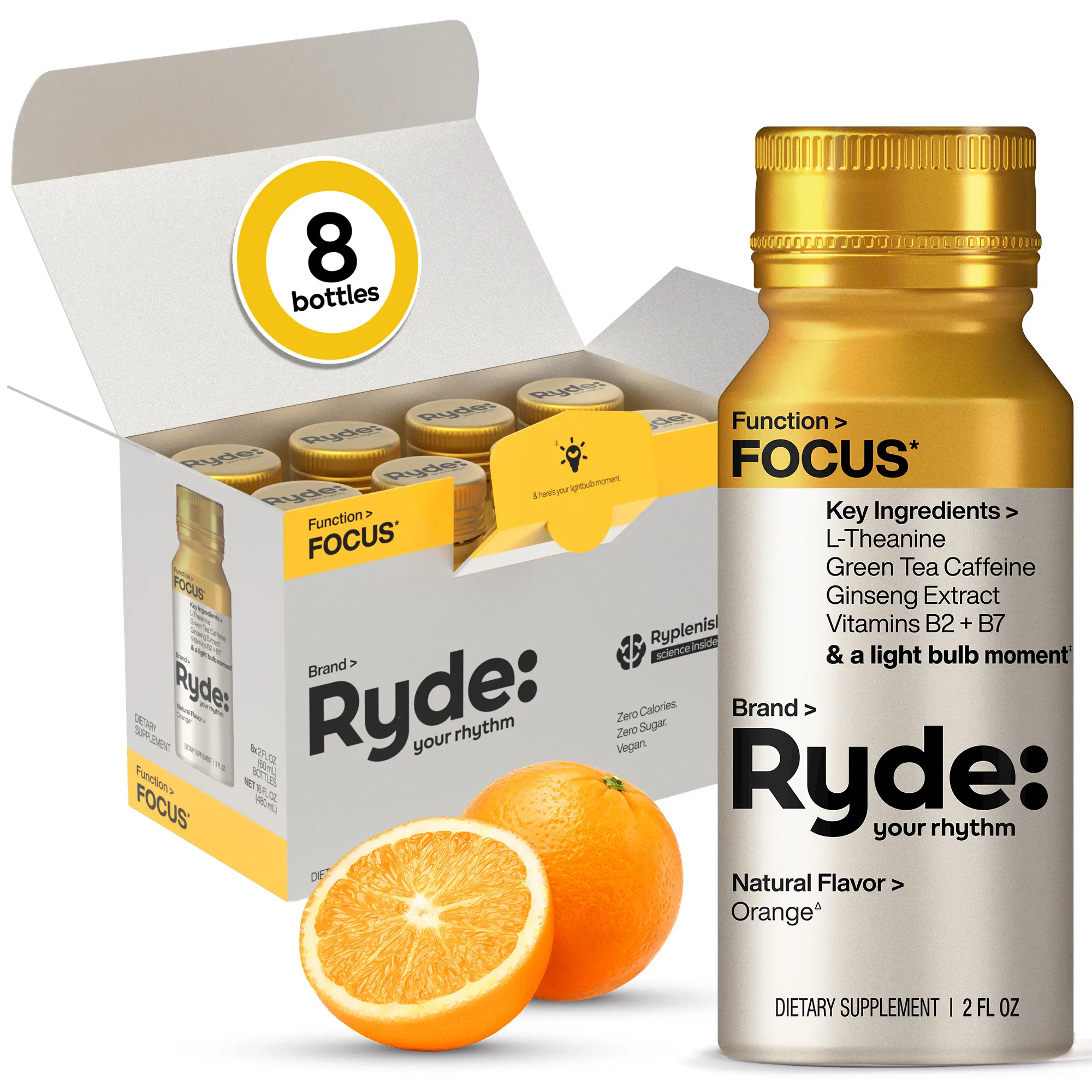 Ryde Focus Shots – Orange | Green Tea Caffeine, L-Theanine, Ginseng, B2 & B7 for Mental Clarity | Cognitive Support | Vegan, Zero Sugar, Calorie-Free | 8-Pack – 2 FL OZ Each