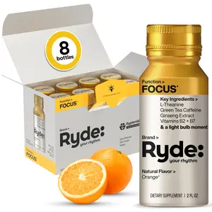 Ryde Focus Shots – Orange | Green Tea Caffeine, L-Theanine, Ginseng, B2 & B7 for Mental Clarity | Cognitive Support | Vegan, Zero Sugar, Calorie-Free | 8-Pack – 2 FL OZ Each