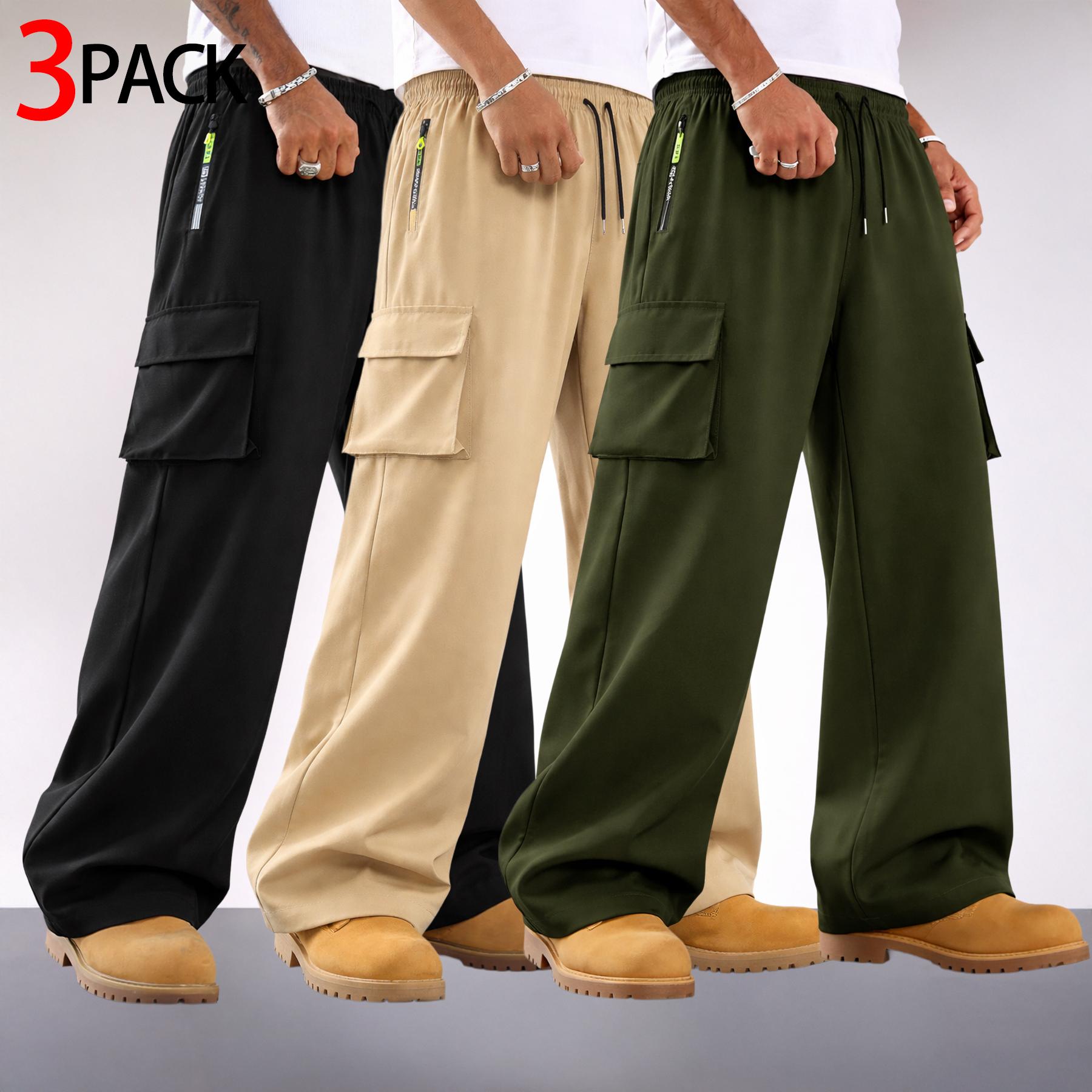 3-Pack Men’s Cargo Pants – Wide Leg, Drawstring, Multiple Pockets; Streetwear Utility Pants with a Loose Straight Fit, Zipper Pocket, and Large Flap Cargo Pockets; suitable for casual commuting, outdoor wear, and relaxed everyday outfits.