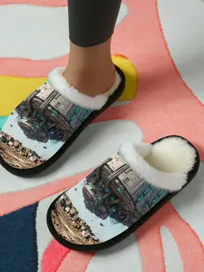 Cyborg Ancient City Future Style Cotton Slippers, Retro Cyberpunk Plush Lined Non-Slip Thick Sole, Home Warm Winter Shoes