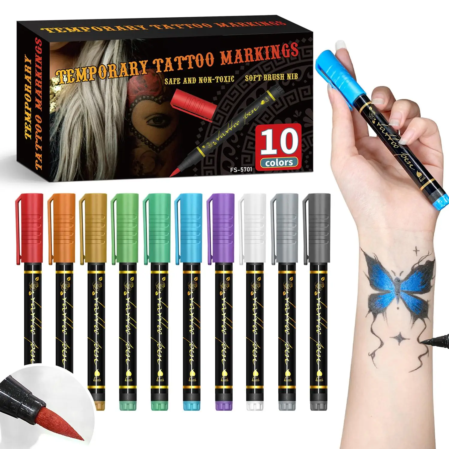 Temporary Tattoo Marker Pen, 10pcs/set Temporary Body Paint Marker Pen, Art Supplies for DIY Body Painting & Drawing