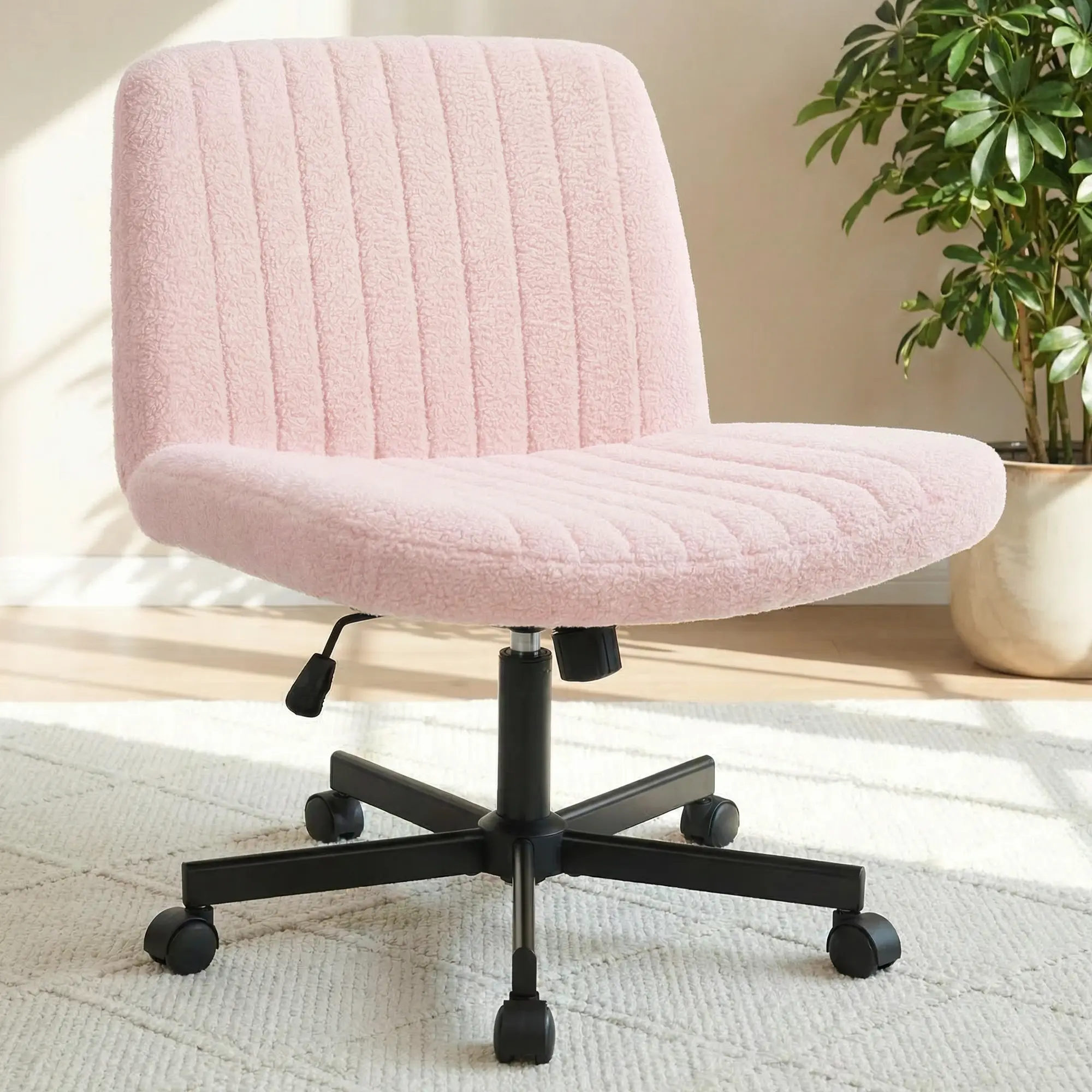 NEO CHAIR Modern Criss Cross Armless Office Chair with Wheels, Adjustable Swivel, Extra-Wide Seat, Teddy Fleece Finish for Home Office Bedroom Vanity (Teddy Black)