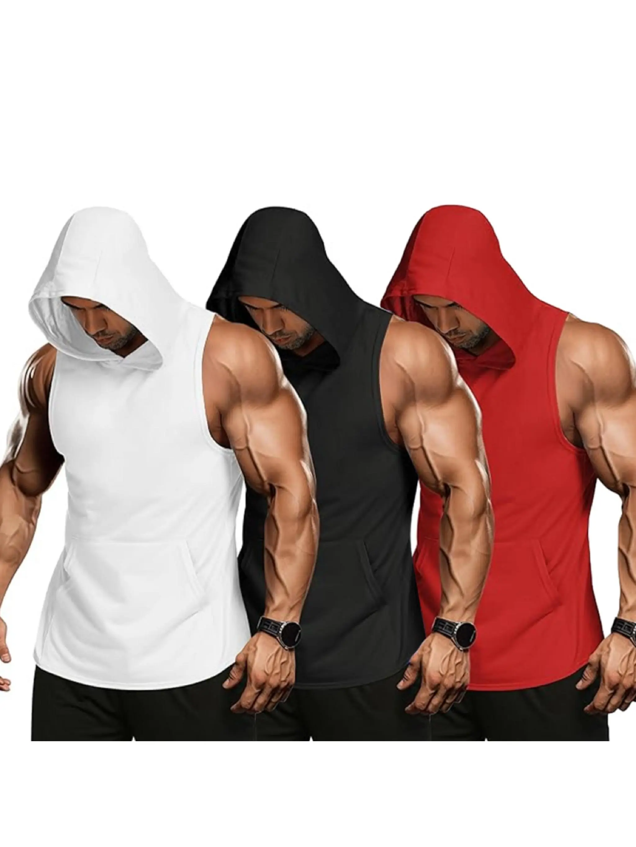 KZZ Men's 1 or 3-Pack Solid Stash Pocket Cut-Off Sleeveless Hooded Sports Vest - Gym Tops with Athletic Fit, Gym-Ready Stash Pocket for Phone, Sleeveless Airflow, Loose Flexible Summer Workout Wear, Father's Day Gifts for Fitness Lovers, Gym‑Ready Pocket