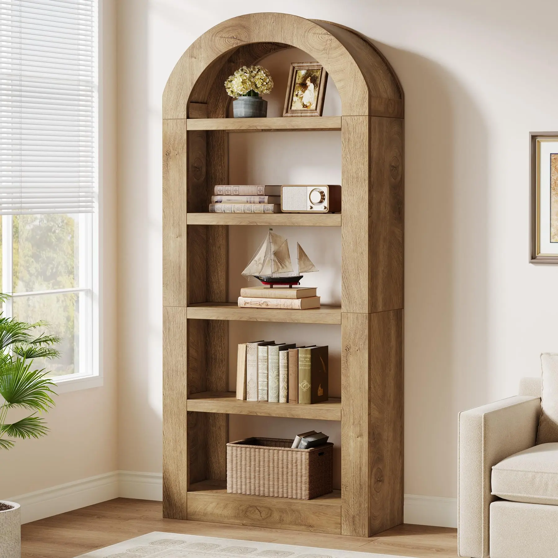 Tribesigns Tall Arched Bookshelf with Storage for Living Room, Bedroom, or Office, 5-Tier Wood Open Bookcase Shelves, Vintage Brown Tribesigns Tall Arched Bookshelf with Storage for Living Room, Bedroom, or Office, 5-Tier Wood Open Bookcase Shelves, Vintage Brown