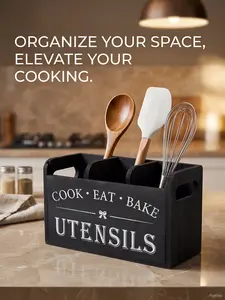 Extra-Large Rustic Wooden Utensil Organizer — 3-Compartment Countertop & Wall-Mount Storage Caddy, Designed for Cooking & Baking Tools, Multi-Functional Heavy-Duty Kitchen Rack (Natural Wood / Black)