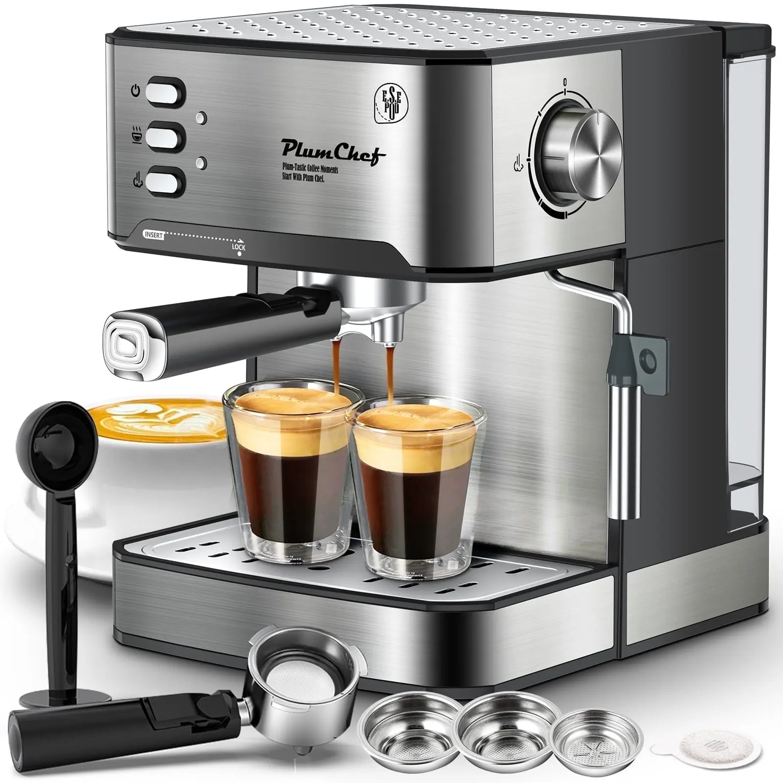 Plum Chef 20 Bar Espresso Machine with Milk Frother Steam Wand, Professional Coffee Maker for Cappuccino & Latte, ESE POD Compatible, 1.5L Removable Water Tank, Stainless Steel
