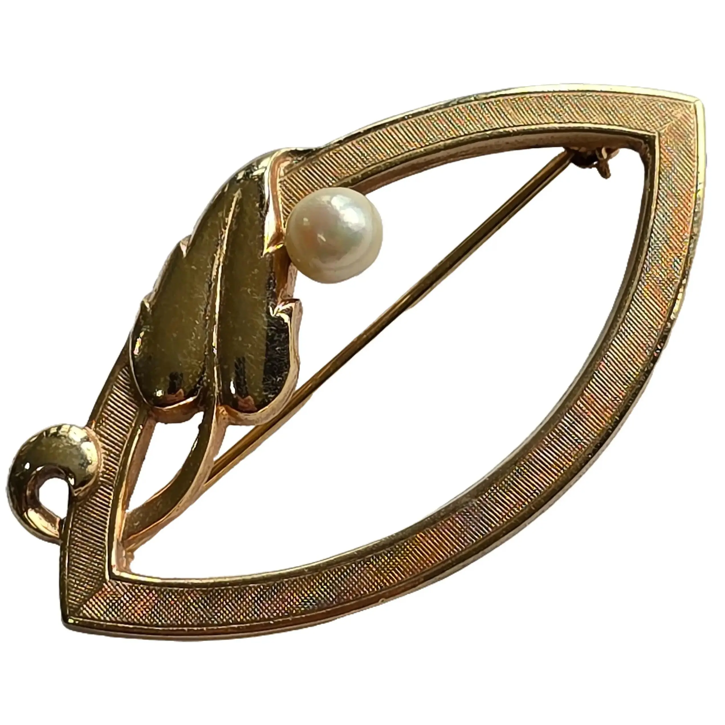 Vintage Signed 12k Gold Filled Open Oval Brooch with Leaf & Faux Pearl Estate Jewelry Pin