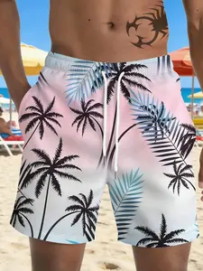Men's Summer Macaron Tropical Palm Pattern Beach Shorts, Breathable Casual Swimwear, Loose Fit All over Print, Short Pants