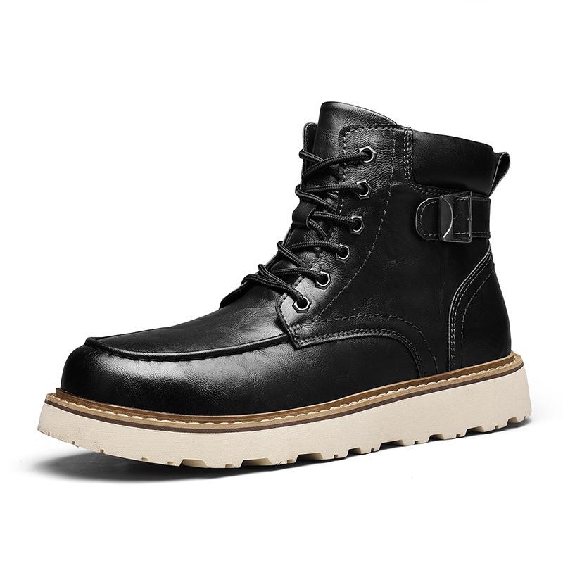 Men's Brown Classic Work Boots - Leather Upper with Belt Buckle Brown Lace-Up Ankle-High Design Non-Slip Rubber Sole for Hiking & Daily Casual Steel Toe Footwear Boy Memory Foam-Like Comfort Cushioning Adjustable Straps for Comfort Fit Durable Waterproof