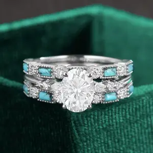 Diamond Three-Piece Ring Set Creative Oil-Drip Green Zircon Ring Set for Women