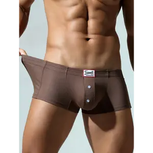 Single Pack Elastic Underpants - Men's Solid Color with Fake Buttons and Four Corners