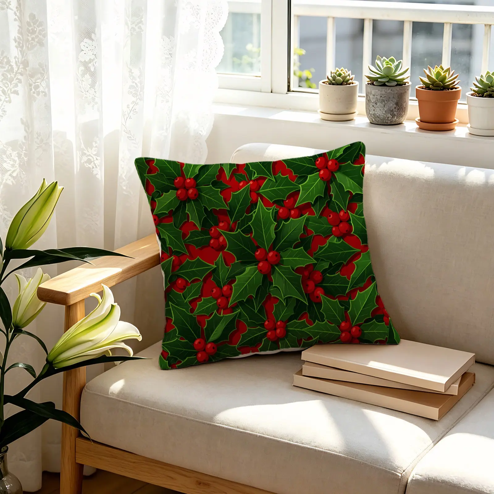 Hand-Painted Colorful Plant Throw Pillow, Warm Botanical Cushion, All-Season Decor for Sofa, Bay Window, Balcony and Cafe, Filled with Insert, Ideal Housewarming Birthday Christmas Gift