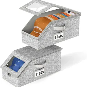 Stackable Hat Organizer Box for Baseball Caps, 2 Pack Large Capacity Hat Storage Case with Clear Display Window, Two-Way Zipper and Name Card Slot, Holds Up to 24 Hats, Space Saving Closet Organizer for Men’s and Women’s Cap Collection