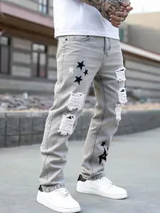 Men's celebrity embroidered slim jeans ripped men's skinny jeans Halloween
