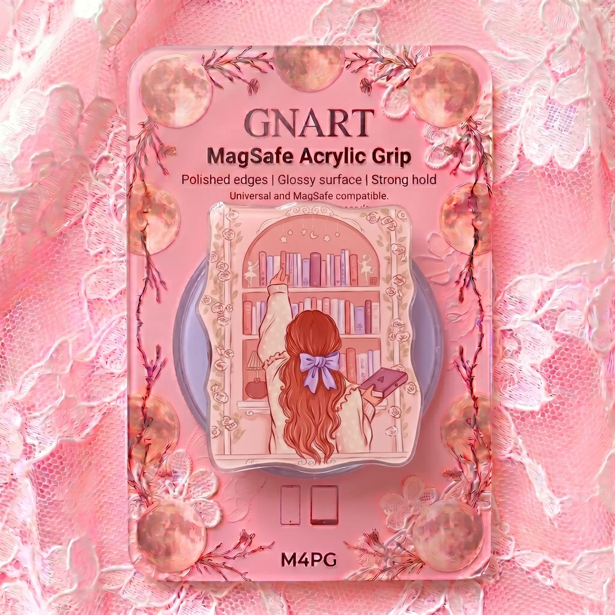 Aesthetic Pink Book Lover Magnetic Phone Grip, Acrylic MagSafe Compatible Phone Stand, Cottagecore Girl Reading Bookcase Phone Ring Holder Target