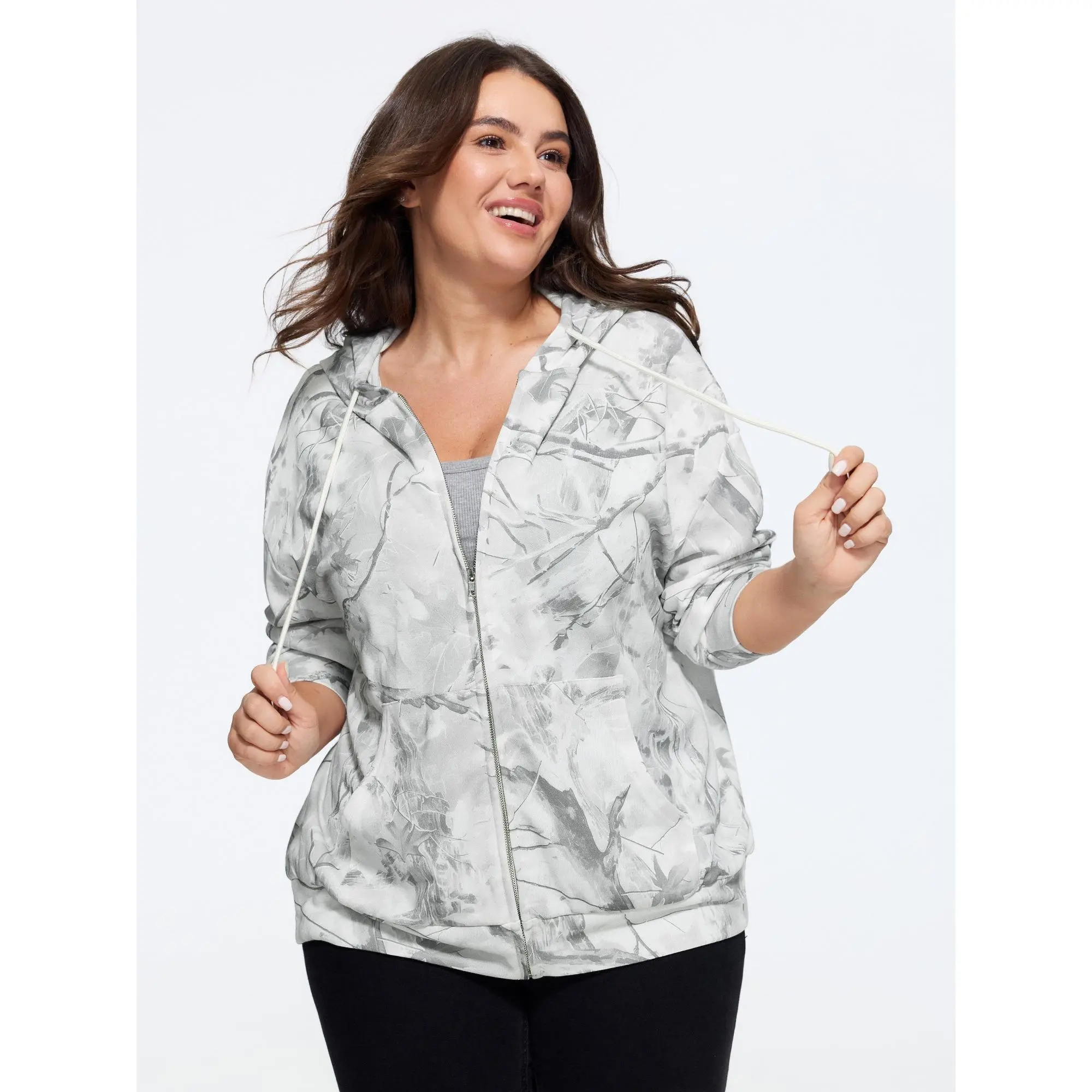 BLOOMCHIC Plus Size Abstract Print Full‑Zip Drawstring Hoodie[M-6X] Summer Finds