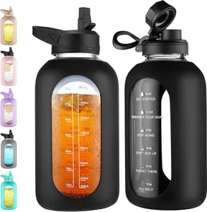 64 oz Glass Water Bottle Jug with Straw and Handle, Half Gallon Sports Motivational Water Bottle with Time Marker, Wide Mouth Flask Canteen with Silicone Sleeve for Gym, Black
