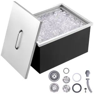 Fathersdaygift Rectangular Drop-in Stainless Steel Ice Storage Chest, 40 Qt (20Lx14Wx12H) Commercial Bin with Cover, Drain-Pipe and Drain Set, for Outdoor Kitchen Bar Cold Drinksdealsforyoudays