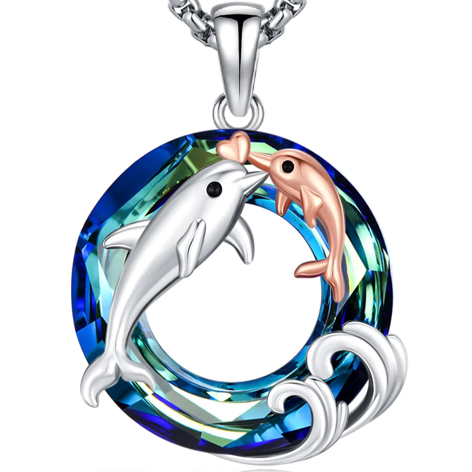 DRINSPER Women's 925 Sterling Silver Dolphin Pendant Necklace, Round Crystal Decorative Fashion Jewelry, Exquisite Trendy Pendant, Birthday Gift, Adults, Cadmium-Free