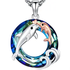 DRINSPER Dolphin Necklace 925 Sterling Silver Pendant & Crystal Round Decor Fashion Silver Jewlry Gift for Birthday for Women