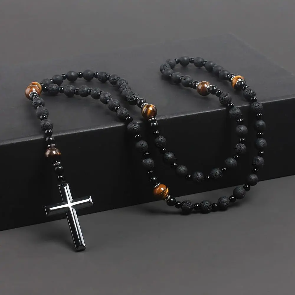 Men's Vintage Black Gemstone Beaded Faith Necklace - 1pc Round Yellow Tiger Eye & Black Hematite Beads, Cross Pendant Rosary, Gemstone Beaded Necklace