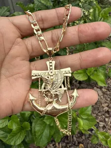 14K Gold Plated Fashion Hip Hop Sailor Anchor Eagle 1.77" Pendant Size - Luxury Pendant with Figaro Link Chain 20-Inch 4mm - Unisex Jewelry Brass Material