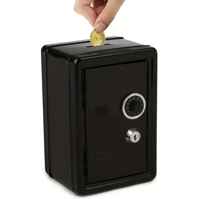 metallic Coin Bank, Iron Cash Storage Box with Key and Combination Lock, Small Piggy Bank with Removable Drawer, Multipurpose Keepsake for Money, Coins