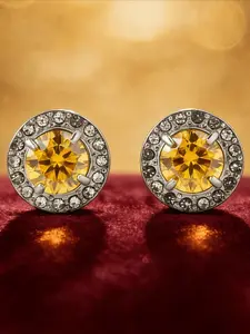 1pair 0.5 Carat Stainless Steel Yellow Round Synthetic Moissanite Stud Earrings, These Elegant Eternity Wedding Jewelry Pieces Make Perfect Gifts for Men and Women
