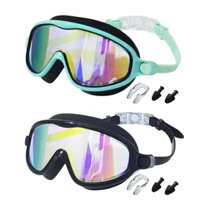 2 Pack Anti-Fog Swim Goggles Wide 180° View UV Protection Leakproof Soft Silicone Comfortable Fit Adjustable Strap with Nose Clips Ear Plugs and Storage Bags, Swimming Accessories, Water Goggles