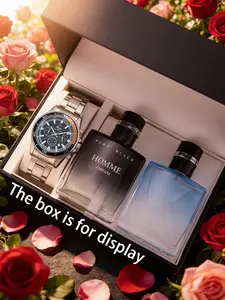 Valentine's Day Gift Set: Elegant Men's Watch and Two Perfumes, Timeless Fragrance, Romantic Memories, All Seasons Wear, Casual Wristwatch Set