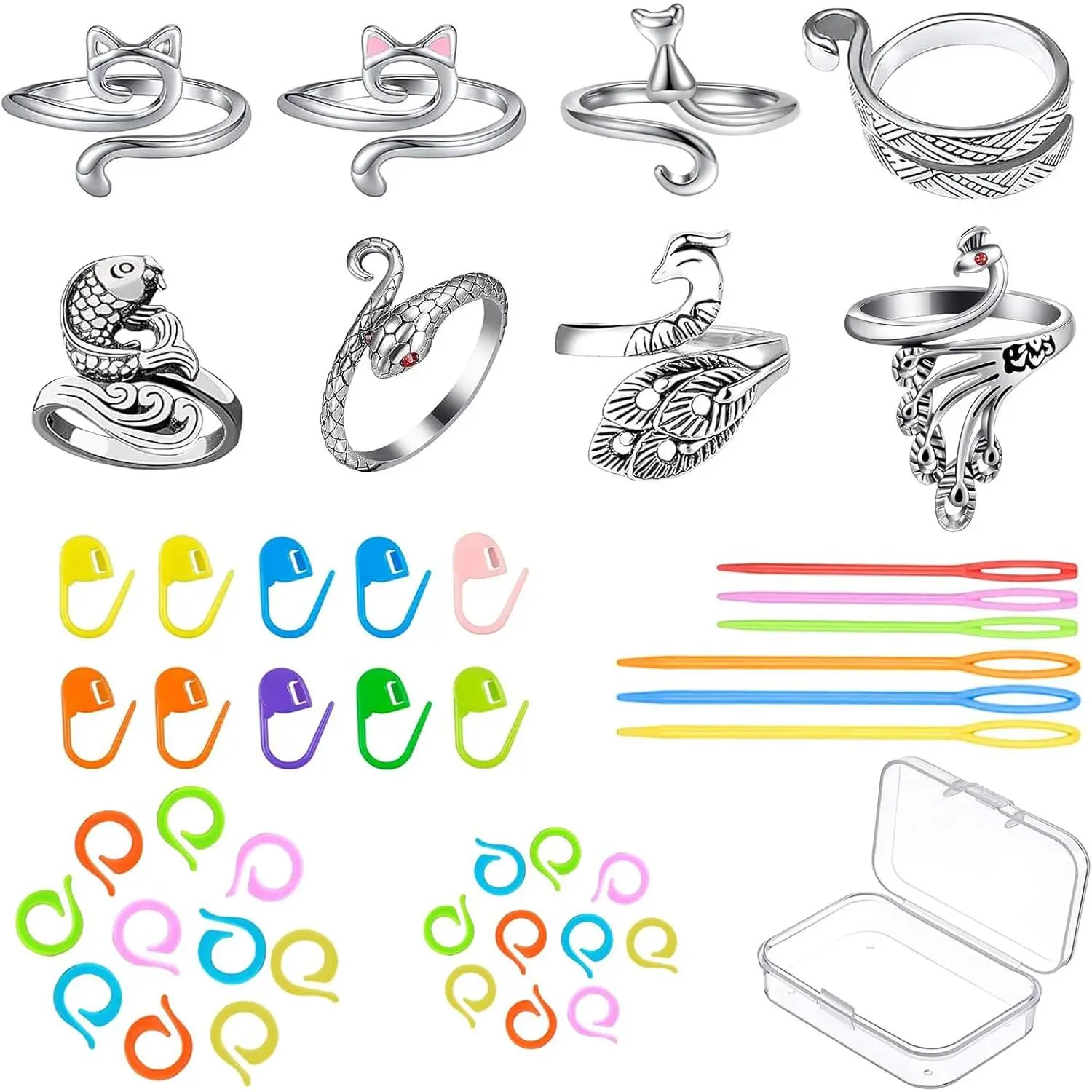 8 count Crochet Ring with 30 Stitch Markers and 6 count Large Eye Plastic Sewing ,Crochet Ring for Finger with Storage Box,Crochet Tension Ring for DIY Crocheting and Sewing Crafts