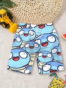 Boys' Beach Shorts "Genie Turtle Cute Style" feature a fresh light blue base color + full print of cartoon characters, being both unique and eye-catching, instantly creating a full-on street photography / beach vibe!