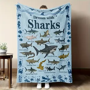 1pc Shark Blanket | Soft Comfortable Flannel Throw With Marked Shark Species, Ocean-Themed Bed And Sofa Cover, Unisex Room Decor And Gift For Shark Enthusiasts, Polyester, Mixed Color, All Seasons Use