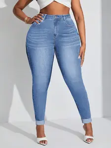 【Plus Size】 Solid Color Skinny Jeans, Fashion Casual Denim Pants for Daily Outdoor Wear, Women Plus Clothing Womenswear for All Seasons