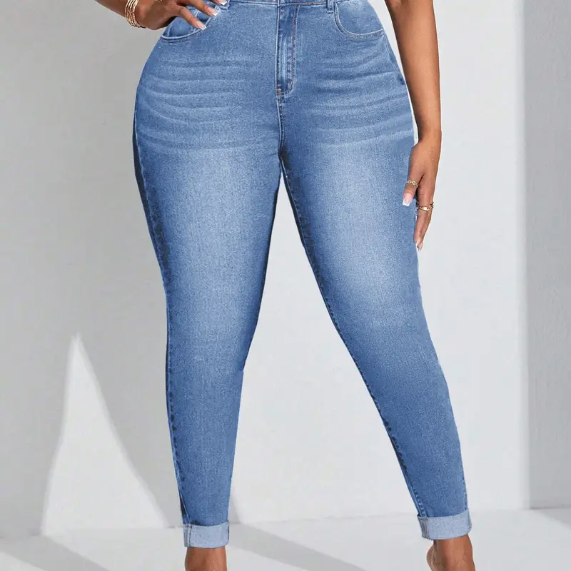 Plus-Size Women's Solid Color Stretchy Skinny Jeans, Casual Denim Pants for Daily and Outdoor Wear, All-Season Womenswear, Casual Design Jeans