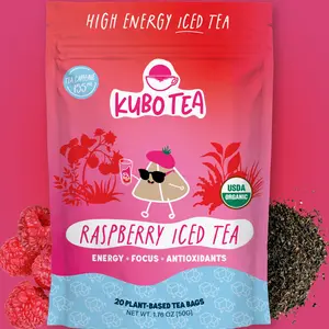 Kubo Tea: Organic Raspberry Iced Tea | High Caffeine Tea (155 mg) | Clean Energy | Tart & Refreshing Iced Tea Beverage | 20 Ct | Compostable Packaging