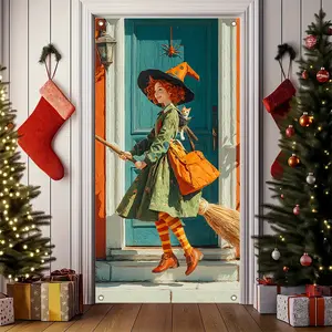 2D Flat Redhead Girl Witch with Black-Orange Hat & Green Skirt Riding Broomstick & Carrying Kitten. Halloween Door Banner with Spider Decor. Ideal for Rooms, Entrances, Indoor/Outdoor Use.