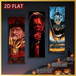 2D/FLAT-3pcs Halloween Horror Movie Character Wall Scroll Decor Posters Plastic Scroll HD High Quality Printing Ink Art Odorless Anti-fading Halloween Party Home Decor Suitable for Bedroom Living Room and Other Decorations
