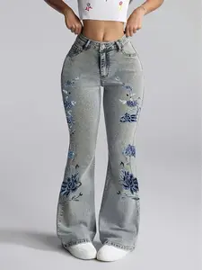 26AW floral embroidery casual elastic flared Denim jeans are fashionable, elegant, versatile, fashionable and versatile, suitable for all seasons, simple and versatile