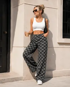 Women's Checkerboard Wide Leg Jeans - Trendy Plaid Print Baggy Denim , Retro High Waisted Streetwear Trousers work women mother flowy kolter bouchard grey pants huge imprint new year