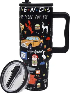 Sitcom Friends Style 40oz Tumbler with Handle and Straw Classic 90s TV Show Inspired Stainless Steel Insulated Travel Mug Funny Icon Pattern Coffee Water Cup Large Capacity Hot Cold Drink Tumbler Gift for Fans