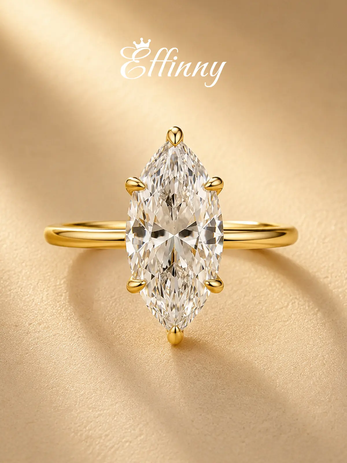 Effinny 925 Sterling Silver 4.5ct Solitaire Marquise Cut CZ 14K Gold Plated Engagement Ring, Non-Tarnish  Promise Lucky Ring for Wedding, Travel, Special Occasion