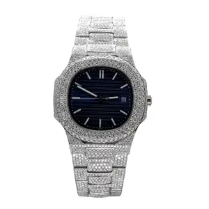 Iced Out Luxury Diamond Watch for Men | 20.08 CT Moissanite Stone Paved Stainless Steel Wristwatch with Blue Dial | Hip Hop Fashion Statement Watch