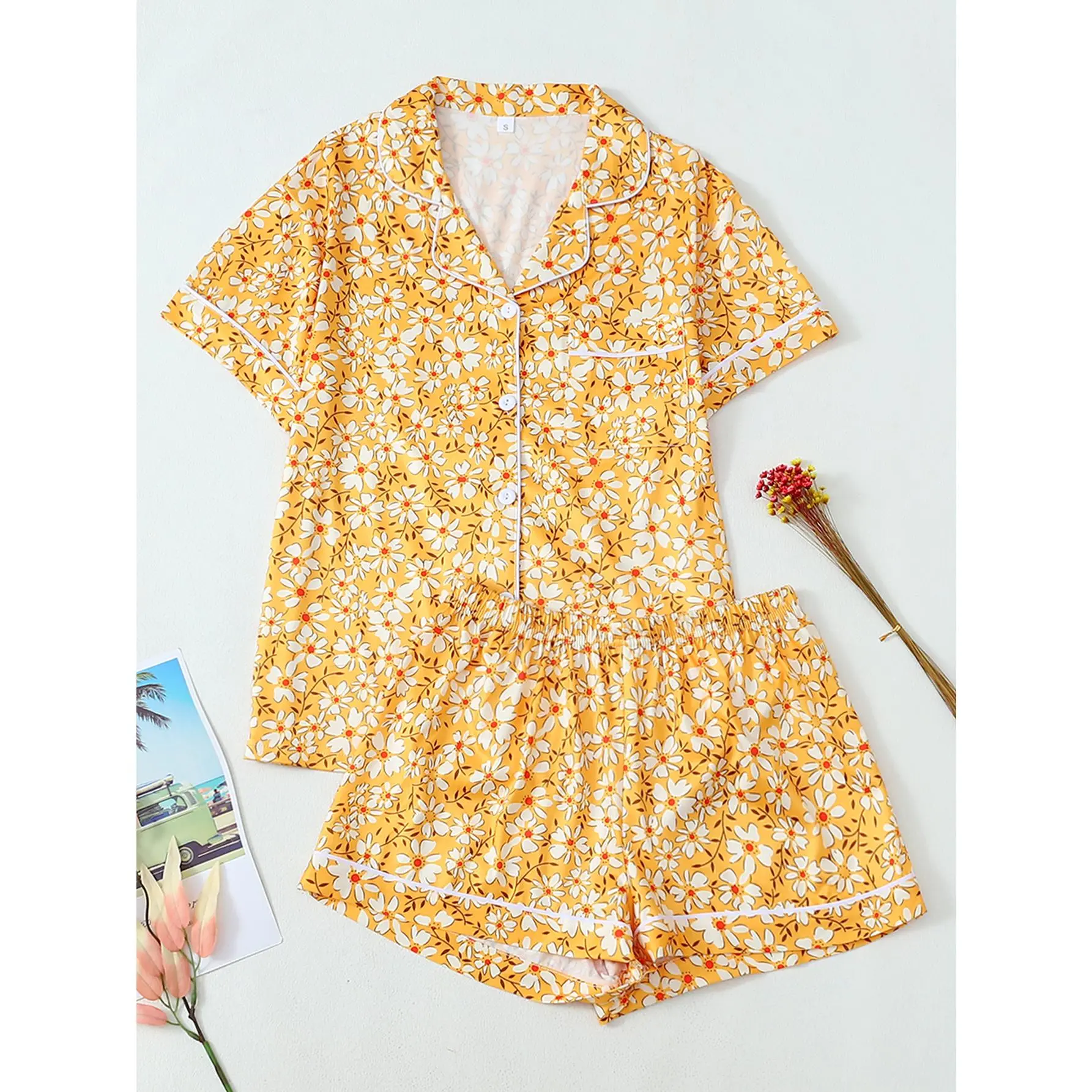Women's Yellow Floral Print Pajama Set, Short Sleeve Button-Down Lapel Top & Elastic Waist Shorts, Contrast White Piping Trim, Soft Breathable Summer Loungewear for Daily & Sleep