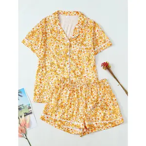 Women's Yellow Floral Print Pajama Set, Short Sleeve Button-Down Lapel Top & Elastic Waist Shorts, Contrast White Piping Trim, Soft Breathable Summer Loungewear for Daily & Sleep